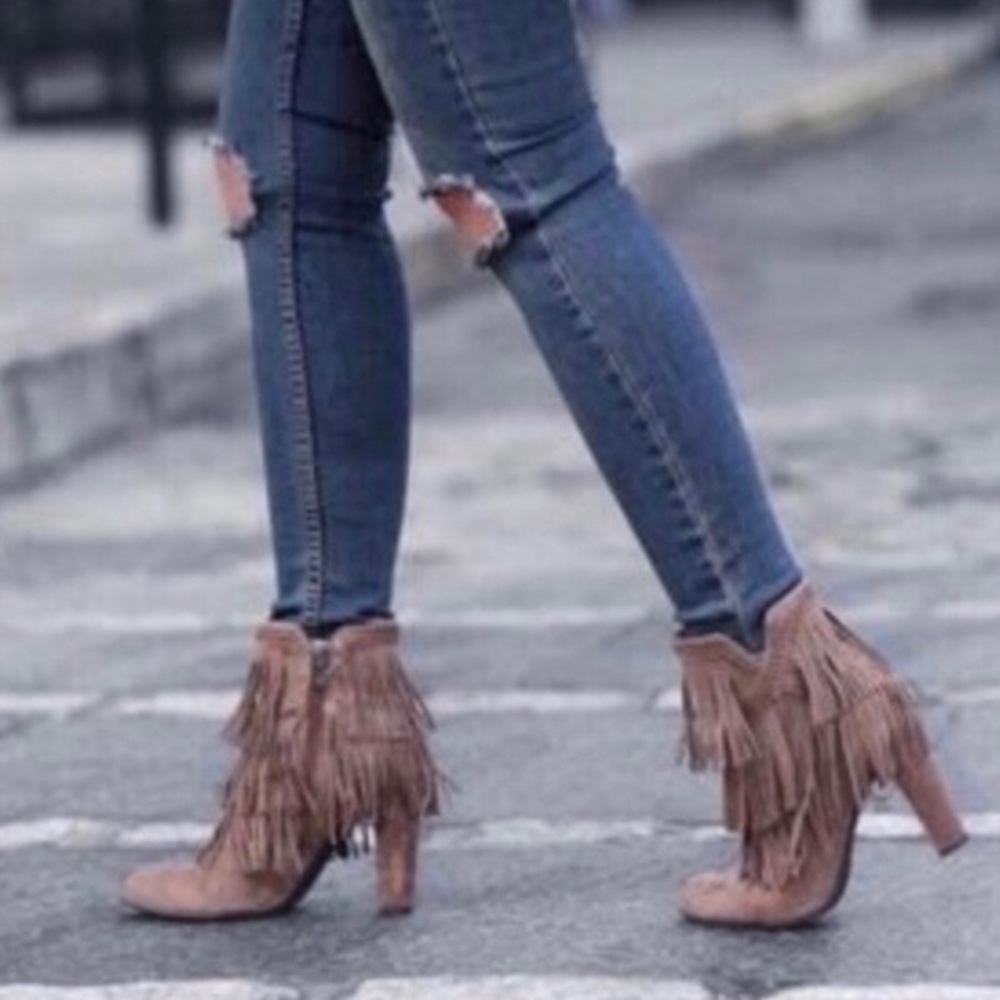 SAM EDELMAN “Kaleb” Taupe Fringe Suede Leather Ankle Booties Size 8.5 - Picture 3 of 16